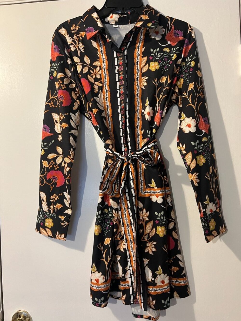 Black Floral Belted Shirt Dress Size M